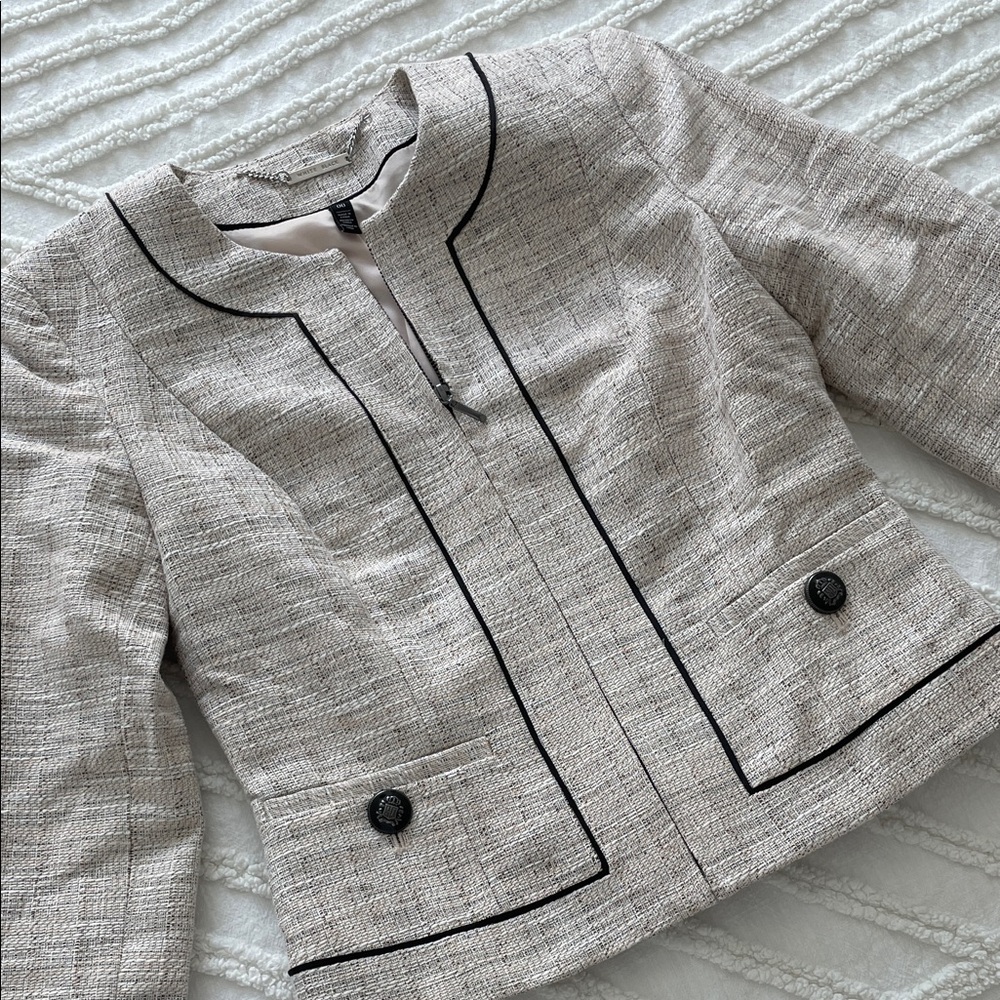 White House Black Market Cream Tweed Jacket with Black Trim